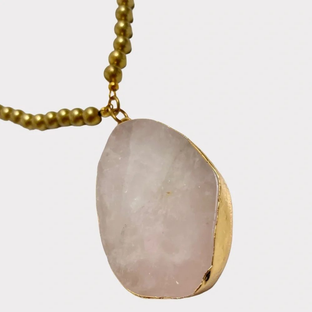 Pink Agate Slice Pendant Gold Rim Beaded‎ Necklace Creative Co-Op